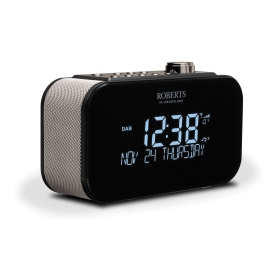 Roberts DAB/DAB+/FM alarm clock radio with large clock display and smartphone charging in Black