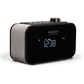 Roberts DAB/DAB+/FM alarm clock radio with any-button snooze and smartphone charging in Black
